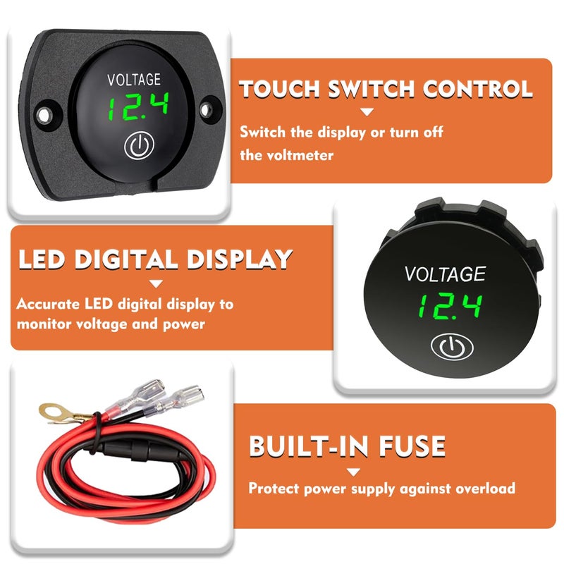 JAMHER DC 12V 24V Volt Meter Battery Voltage Gauge Digital Display with Touch Switch Come with Mounting Plate Round,Connecting Cables and terminals for Boat Marine Motorcycle ATV(Green Light) - Image 3